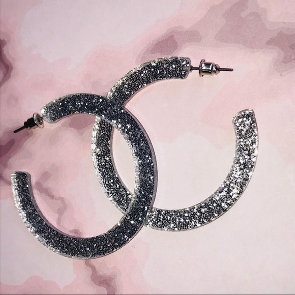 Silver Fun Plastic Glitter Hoop Earrings - Picture 5 of 7